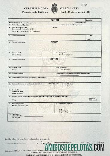 Certidão de nascimento do distrito de Newcastle Upon Tyne no Reino Unido exemplo real